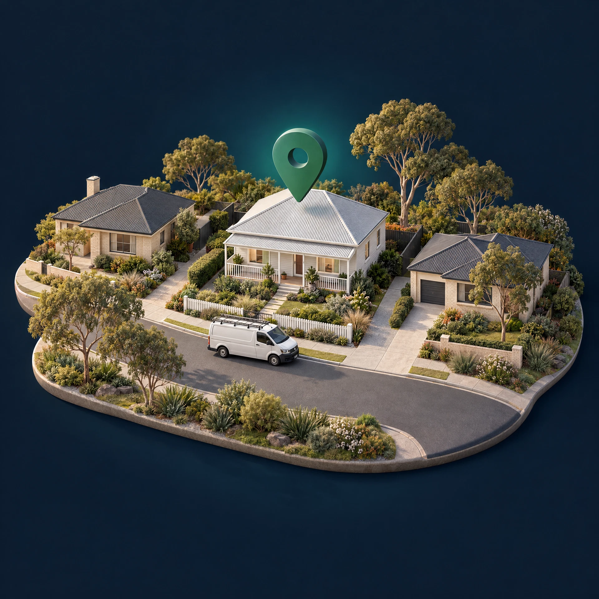 Illustration of an Australian neighbourhood with a tradesperson’s van and a location pin marking one exclusive local area